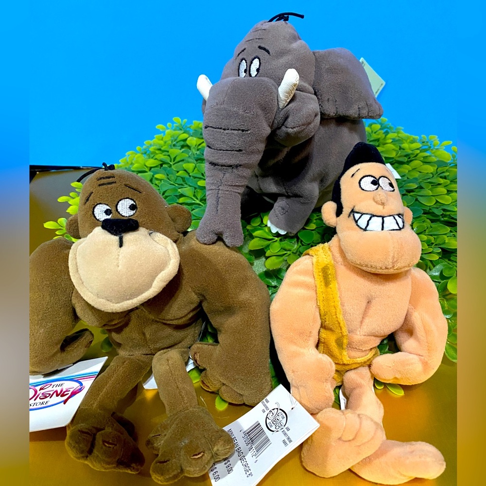 DISNEY STORE NWT VTG 2003 GEORGE OF THE JUNGLE BEAN BAG PLUSH COMPLETE SET OF 3
